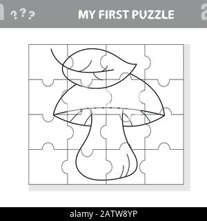 Cartoon weißer Pilz mit Blättern. Papierspiel Mein erstes Puzzle für Kinder und Kinder - Malbuch Stock Vektor