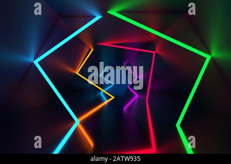 3D-Rendering-Hintergrund, leuchtende Linien, Neonlichter, abstrakter psychedelischer Hintergrund, ultraviolette, leuchtende Farben Stockfoto