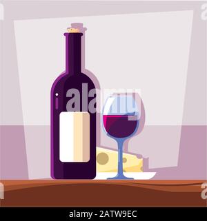 Flasche und Glas Wein mit Vektorgrafiken aus Käse Stock Vektor