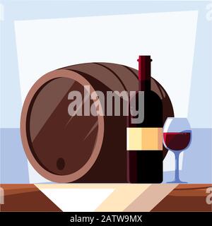 Flasche und Glas Wein mit Fass-Vektor-Illustrationsdesign Stock Vektor