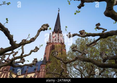 Dreikönigskirche (1881) ist eine evangelische Kirche am Südufer des Mains in Frankfurt am Main, Deutschland. Stockfoto