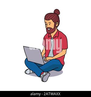 "Young Man Sitting Use Laptop", "Working on Laptop", "Adorable Cartoon Character for Business or Education Concept" - "Flat Vector Illustration" Stock Vektor
