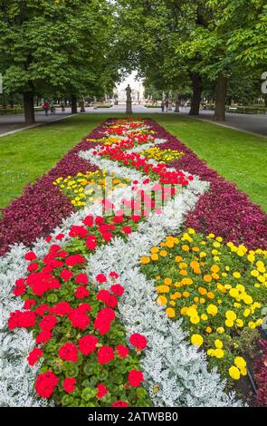 Zierblumenbeet im Sächsischen Garten ("Ogród Saski") im Zentrum von Warschau, Polen. Stockfoto