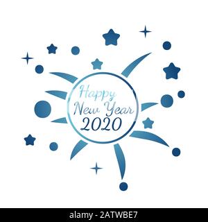 Frohes neues Jahr 2020 Typografie Text Celebration Poster Design: Leuchtende goldene Zahl mit goldenem Feuerwerks-Explosionselement und dunklem Himmelshintergrund vec Stock Vektor