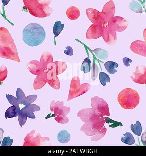 Süßes, nahtloses Muster mit Blumen und Herzen in Wasserfarben. Abbildung der Hand. Stockfoto