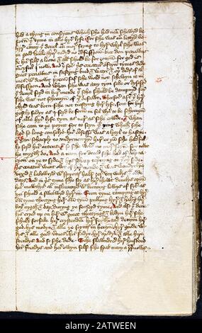 Das Buch von Margery Kempe die älteste bekannte, auf Englisch verfasste Autobiografie schuf etwa 1440. Margery Kempe (c.1373-c.1438) war eine analphabetische christliche Mystikerin und diktierte ihre Biographie 3 verschiedenen Amanuensis. Die einzige erhaltene Kopie des Handschriftens befindet sich in der British Library in London. Das Buch ist in nicht chronologischer Reihenfolge und enthüllt, dass Margery von der Schuld für eine sündige Vergangenheit gehackt wurde, Visionen von Jesus, Teufeln und Dämonen hatte und im Heiligen Land und in Europa auf umfangreiche Pilgerreisen ging. 1417 wurde sie verhaftet und wegen Häresie inhaftiert, bevor sie von einem Erzbischof entlastet wurde. Stockfoto