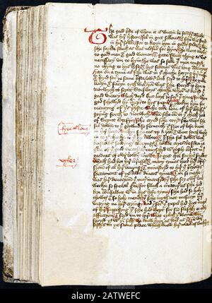 Das Buch von Margery Kempe die älteste bekannte, auf Englisch verfasste Autobiografie schuf etwa 1440. Margery Kempe (c.1373-c.1438) war eine analphabetische christliche Mystikerin und diktierte ihre Biographie 3 verschiedenen Amanuensis. Die einzige erhaltene Kopie des Handschriftens befindet sich in der British Library in London. Das Buch ist in nicht chronologischer Reihenfolge und enthüllt, dass Margery von der Schuld für eine sündige Vergangenheit gehackt wurde, Visionen von Jesus, Teufeln und Dämonen hatte und im Heiligen Land und in Europa auf umfangreiche Pilgerreisen ging. 1417 wurde sie verhaftet und wegen Häresie inhaftiert, bevor sie von einem Erzbischof entlastet wurde. Stockfoto