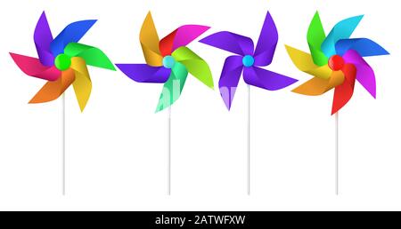 Farb-Pinwheel. Mehrfarbiger Windmühlenpropeller aus Spielzeugpapier. Stock Vektor