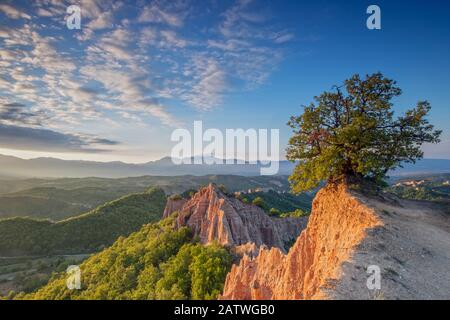 Die Melnik-Erdpyramiden, Felsformationen, die als Hoodoos bekannt sind, liegen an den Ausläufern des Pirin-Gebirges im Südwesten Bulgariens, Bulgarien, April Stockfoto