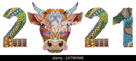 Zentangle stilisierter Stier Nummer 2021. Vektorgrafiken mit Handgezeichneter Spitze Stock Vektor