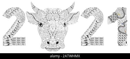 Zentangle stilisierter Stier Nummer 2021. Handgezeichnete Vektorgrafiken der Spitze zum Färben Stock Vektor