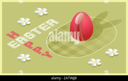 Frohe Ostern Grußkarte. Isometrische Darstellung mit 3D-Osterei als Cricket-Ball und Cricket-Pitch. Vektorgrafiken. Stock Vektor