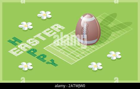Frohe Ostern Grußkarte. Isometrische Darstellung mit 3D-Osterei als Fußball- und Fußballplatz. Vektorgrafiken. Stock Vektor