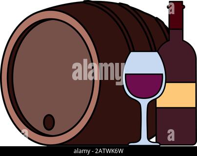 Flasche und Glas Wein mit Fass auf weißem Hintergrund Vektorgrafiken Stock Vektor