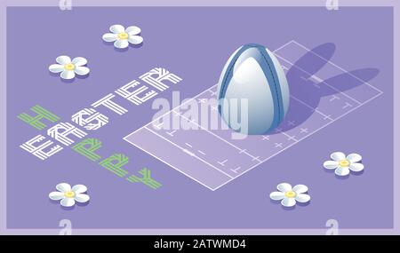 Frohe Ostern Grußkarte. Isometrische Darstellung mit 3D-Osterei als Rugbyball und Rugbyfeld. Vektorgrafiken. Stock Vektor