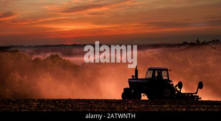 Traktor bereitet Land bei Sonnenuntergang vor. Perry Green, Much Hadham UK. Stockfoto