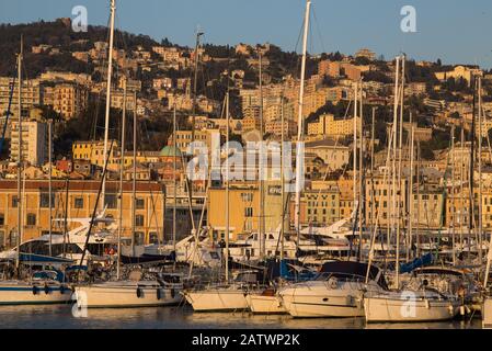 Genua, ITALIEN, 23. JANUAR 2020 - Blick auf Boote im Hafen von Genua, Italien. Auf dem Hintergrund ein interessanter Blick auf die Gebäude auf dem Hügel, der so nah an der TH liegt Stockfoto