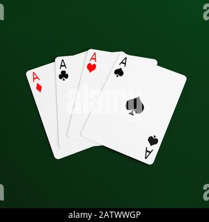 Vier Asse, Spielkarten, die auf einem grünen baize Hintergrund aufgefächert wurden Stockfoto
