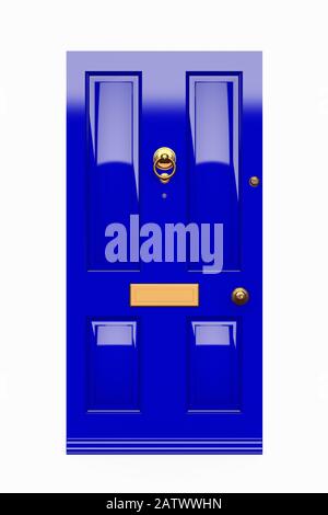 Modell einer blauen Eingangstür im britischen georgianischen Stil mit einem Messingklopfer und Briefkasten auf weißem Hintergrund Stockfoto