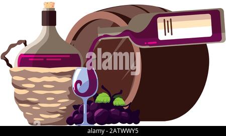 Flasche und Glas Wein mit Fass auf weißem Hintergrund Vektorgrafiken Stock Vektor