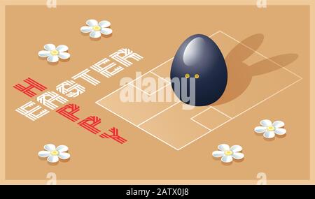 Frohe Ostern Grußkarte. Isometrische Darstellung mit 3D-Osterei als Squash-Ball und Squash-Court. Vektorgrafiken. Stock Vektor