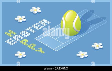 Frohe Ostern Grußkarte. Isometrische Darstellung mit 3D-Osterei als Tennisball und Tennisplatz. Vektorgrafiken. Stock Vektor