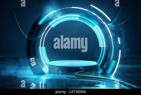 Leere Blue Neon futuristische Lichtbühne und -Plattform, Produktplatzierung 3D-Illustration. Stockfoto