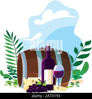 Fass mit Flasche Wein und Hintergrundbild für Landschaftsvektoren Stock Vektor
