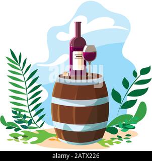 Fass mit Flasche Wein und Hintergrundbild für Landschaftsvektoren Stock Vektor