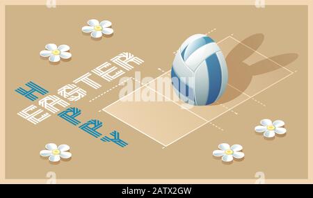 Frohe Ostern Grußkarte. Isometrische Darstellung mit 3D-Osterei als Volleyball- und Volleyballplatz. Vektorgrafiken. Stock Vektor