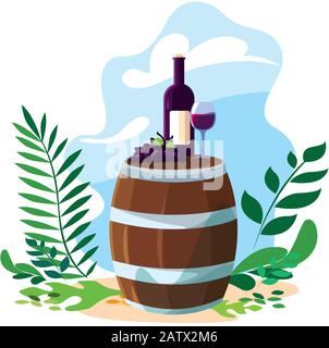 Fass mit Flasche Wein und Hintergrundbild für Landschaftsvektoren Stock Vektor