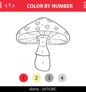 Amanita-Pilz oder Pilze - Malseite, Farbe nach Zahlen. Arbeitsblatt für Schulungen. Spiel für Vorschulkinder Stock Vektor