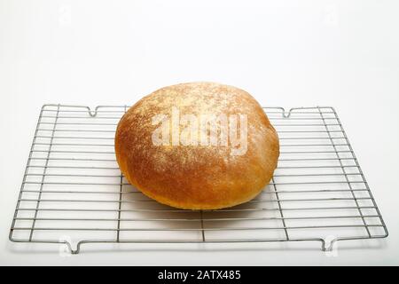 Frisch gebackenes Brotlaib auf einem Kühlregal, isoliert auf weißem Hintergrund Stockfoto
