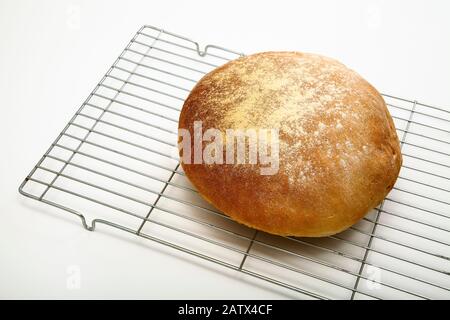 Frisch gebackenes Brotlaib auf einem Kühlregal, isoliert auf weißem Hintergrund Stockfoto
