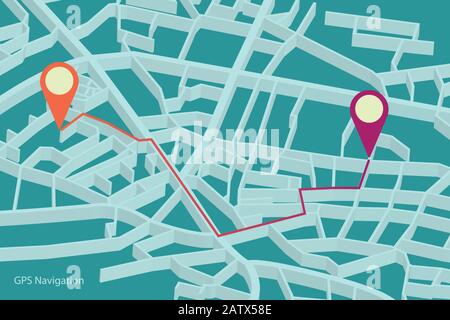 3D GPS-Karte oder Vektorgrafiken des Positionsnavigators. GPS-Tracking-Karte. Verfolgen Sie die Navigationsstiften auf Straßenkarten, navigieren Sie durch die Kartentechnologie und l Stock Vektor