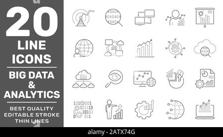 Big-Data- und Analyse-Symbole festgelegt. Enthält Symbole wie Diagramm, Berichtsdokument, Analyse von Diagrammdaten, Präsentationsdiagramm und Kommunikation, Global Stock Vektor