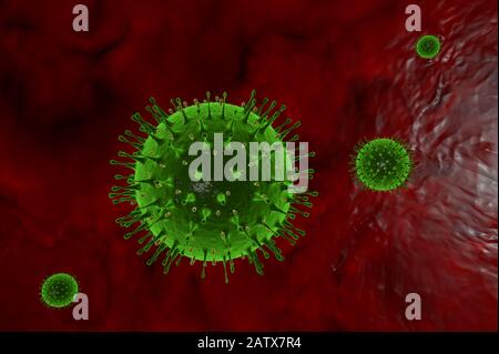 3D-Darstellung Von Viren unter einem Mikroskop im Kreislaufsystem Stockfoto