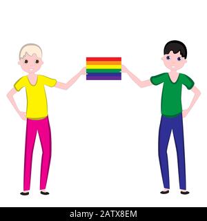 Zwei junge Kerle, die ein Symbol der Regenbogenfahne von LGBT halten. Stock Vektor