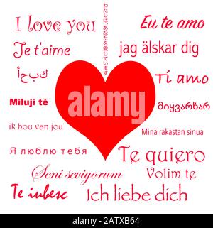 Valentines Day Typografiekarte mit handgeschriebenem Kalligraphie-Text, der ich in verschiedenen Sprachen liebe, isoliert auf weißem Hintergrund. Vektor Stock Vektor