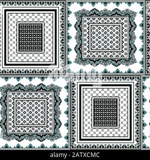 Bandanna, Schal, Schal, Kerchef, Seidendruck für Mode, Textilfiguren, Traditionelles, ethnisches, ornamentales geometrisches Muster mit Rahmen. - illupati Stockfoto