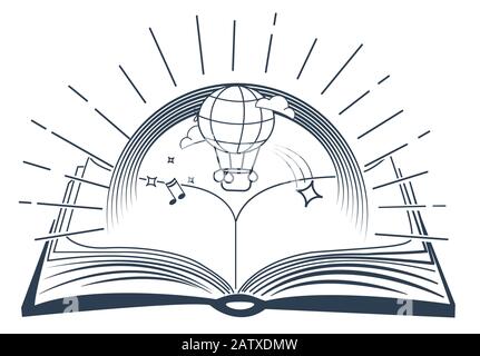 Konzept der Entwicklung pädagogischer Kreativitätstypen in Form eines offenen Buches und Ballons unter dem Regenbogen. Stock Vektor