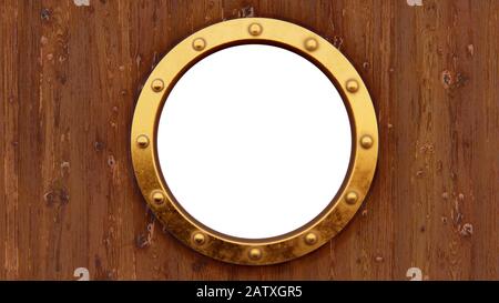 Boat Porthole mit verholztem Hintergrund isoliertes 3D-Rendering Stockfoto