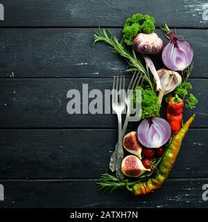 Banner. Gemüse, Obst und Gewürze. Menü "Speisen". Freier Speicherplatz. Draufsicht. Stockfoto
