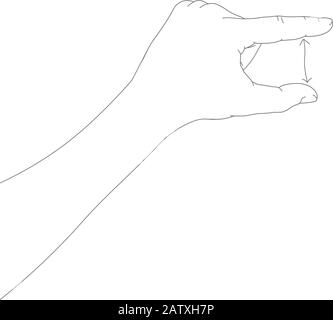 Menschliche Hand in einer einzeigenden Größengeste mit Pfeil. Handgezeichnete lineare Skizze. Schwarze Silhouette auf weißem Hintergrund. Stock Vektor