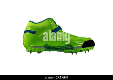 Grüner glänzender Sneaker mit Spitzen auf weißem Hintergrund. Sportschuhe. Stockfoto