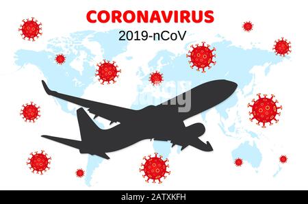 Gefährliches chinesisches Coronavirus. Wuhan Roman Coronavirus 2019-nCoV. Flugzeug fliegen. Gesundheitsrisiko bei Pandemie. Vektorgrafiken Stock Vektor