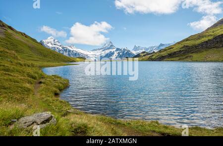 Bachalpsee mit Gipfeln des Schreckhorns und Finsteraarhorns, Grindelwald, Berner Oberland, Schweiz Stockfoto