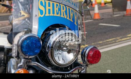 Die Harley Davidson wurde 1903 in Milwaukee, Wisconsin, Amerika, gegründet und bietet einen Blick auf das Motorrad der Harley Davidson Police Stockfoto