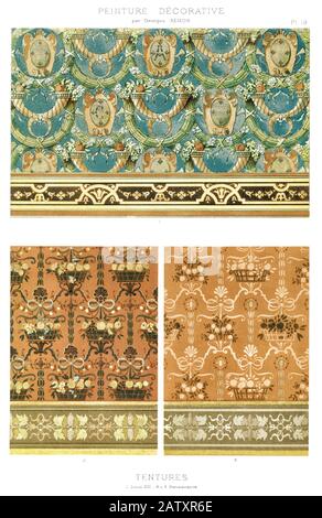 3 Muster der Vorhänge von Louis XIII und Renaissance, dekorative Malerei von 1895 Stockfoto