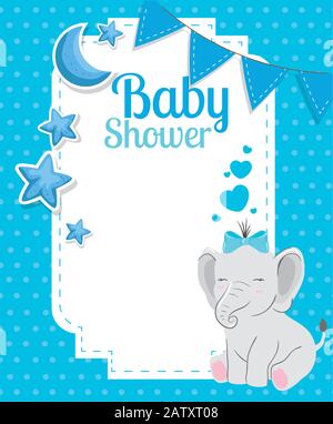 Babyduschkarte mit niedlichem Elefanten und Dekoration Stock Vektor